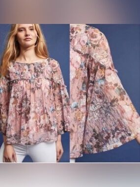 Anthropologie Pink Floral Boho Peasant Top